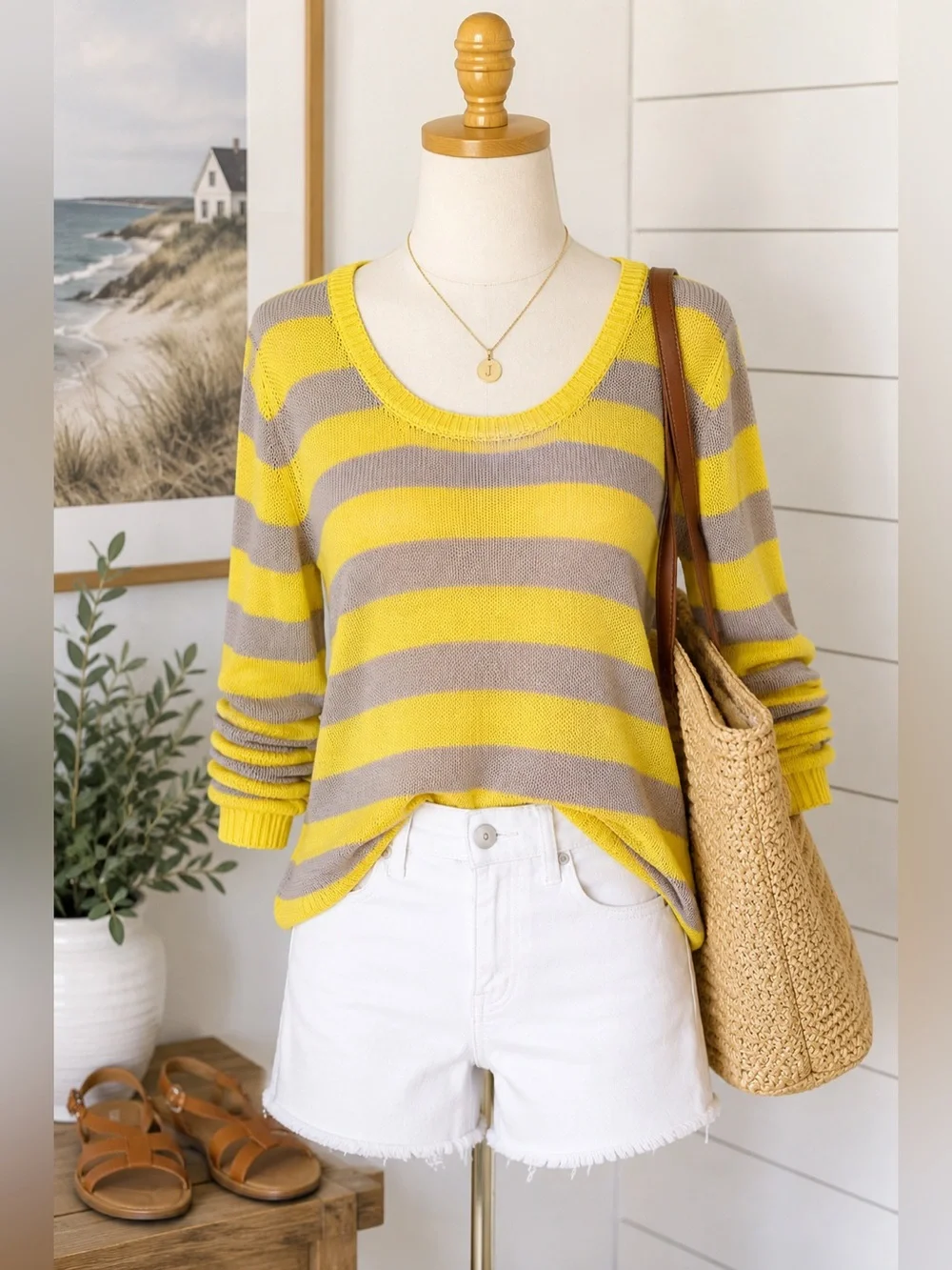 J.Crew Yellow Gray Striped Lightweight Cotton Sweater Size Small
